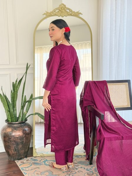 Elegant CP Vichitra Silk Kurta Set with Embroidery Dupatta Included Festive   Wedding Wear 3 Piece Kurti Set