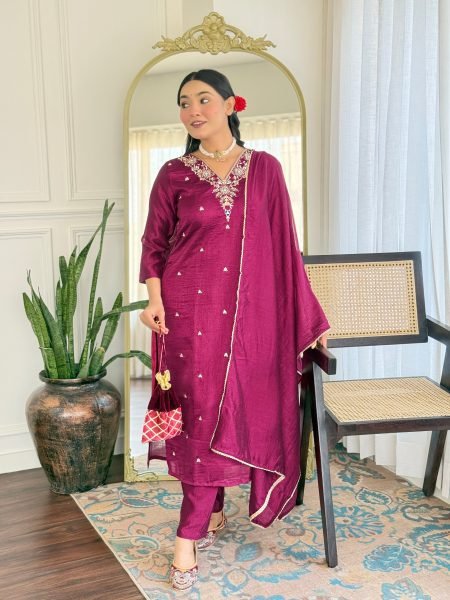 Elegant CP Vichitra Silk Kurta Set with Embroidery Dupatta Included Festive   Wedding Wear 3 Piece Kurti Set