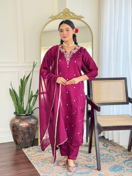 Elegant CP Vichitra Silk Kurta Set with Embroidery Dupatta Included Festive   Wedding Wear 3 Piece Kurti Set