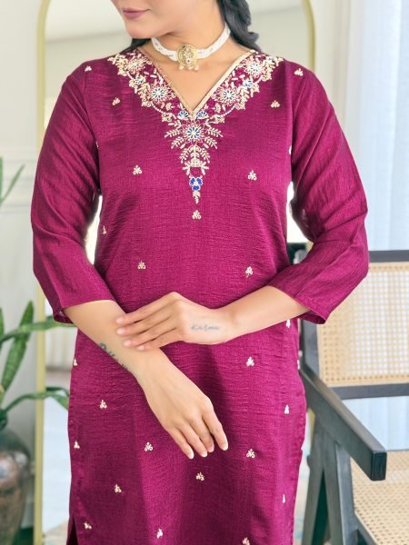 Elegant CP Vichitra Silk Kurta Set with Embroidery Dupatta Included Festive   Wedding Wear 3 Piece Kurti Set