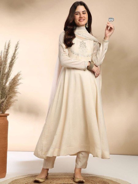 Elegant Cream Anarkali Kurta with Palazzo & Dupatta Perfect for Minimalist Festive Charm 
