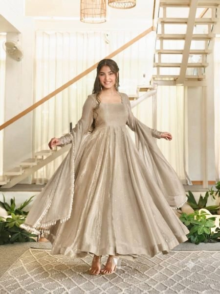 Elegant Cream Crush Silk Gown with Fancy Lace Foil Work Dupatta at Manufacturer  Ready To Wear Suit