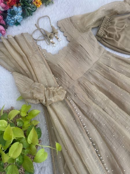 Elegant Cream Crush Silk Gown with Fancy Lace Foil Work Dupatta at Manufacturer  Ready To Wear Collection