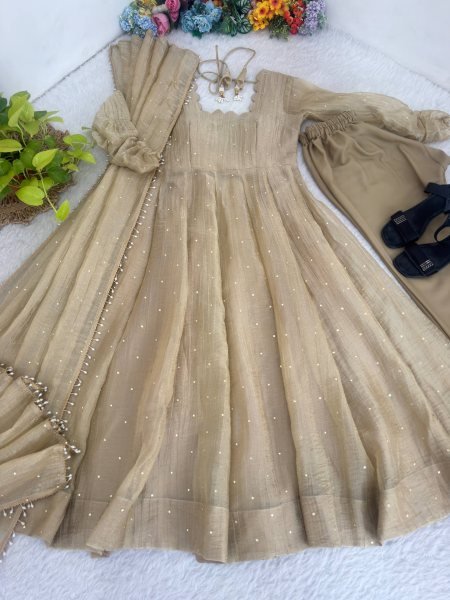 Elegant Cream Crush Silk Gown with Fancy Lace Foil Work Dupatta at Manufacturer  Ready To Wear Collection
