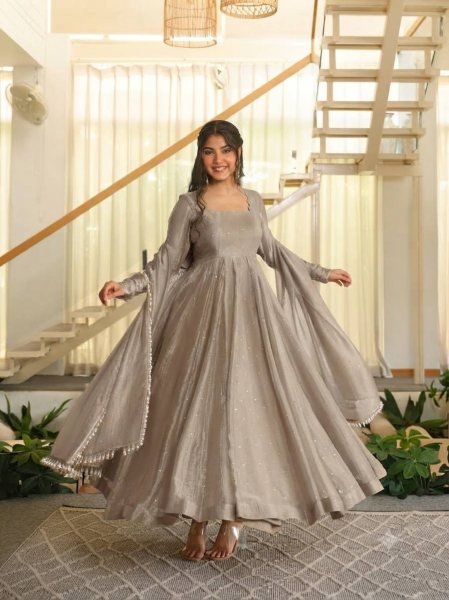 Elegant Cream Crush Silk Gown with Fancy Lace Foil Work Dupatta at Manufacturer  Ready To Wear Collection