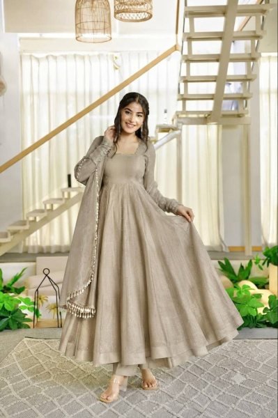 Elegant Cream Crush Silk Gown with Fancy Lace Foil Work Dupatta at Manufacturer  Ready To Wear Collection