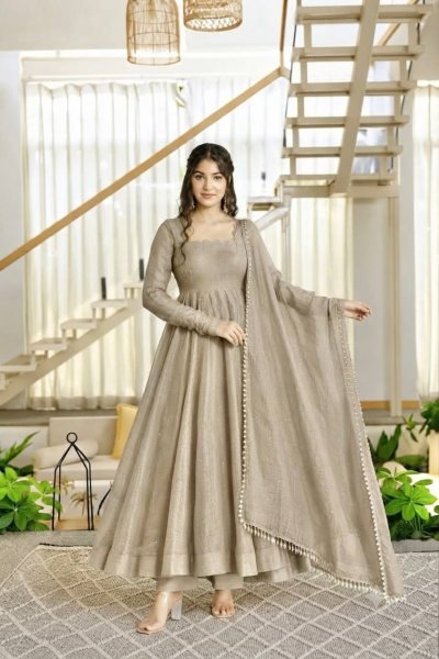 Elegant Cream Crush Silk Gown with Fancy Lace Foil Work Dupatta at Manufacturer  Ready To Wear Collection