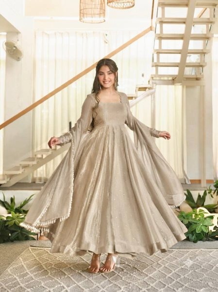 Elegant Cream Crush Silk Gown with Fancy Lace Foil Work Dupatta at Manufacturer  Ready To Wear Collection