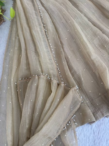 Elegant Cream Crush Silk Gown with Fancy Lace Foil Work Dupatta at Manufacturer  Ready To Wear Collection