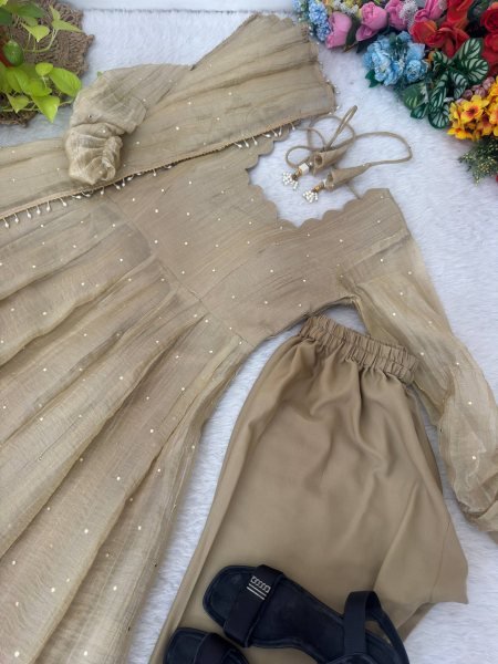 Elegant Cream Crush Silk Gown with Fancy Lace Foil Work Dupatta at Manufacturer  Ready To Wear Collection