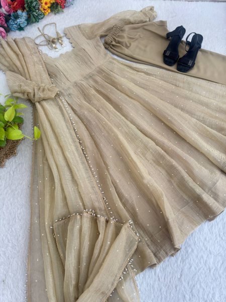 Elegant Cream Crush Silk Gown with Fancy Lace Foil Work Dupatta at Manufacturer  Ready To Wear Collection