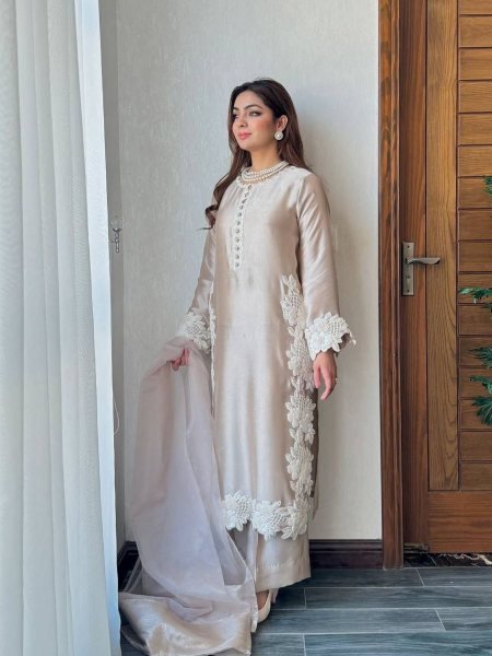 Elegant Cream Fancy Designer Top Palazzo Set with Embroidery Work for Women Ready To Wear Suit