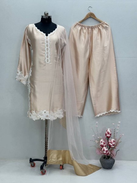 Elegant Cream Fancy Designer Top Palazzo Set with Embroidery Work for Women Ready To Wear Collection