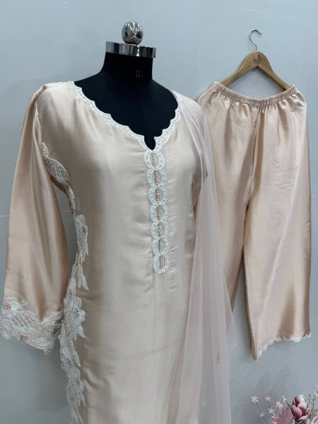 Elegant Cream Fancy Designer Top Palazzo Set with Embroidery Work for Women Ready To Wear Collection