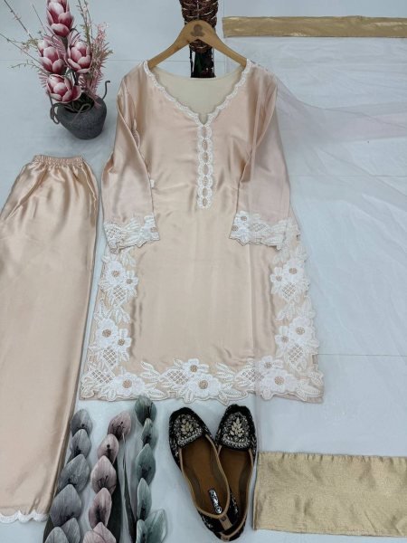 Elegant Cream Fancy Designer Top Palazzo Set with Embroidery Work for Women Ready To Wear Collection