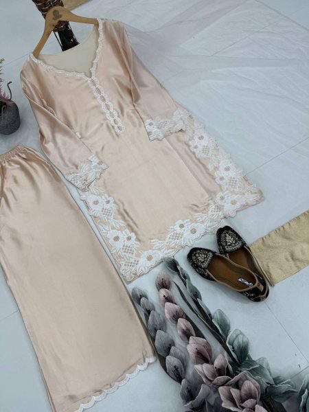 Elegant Cream Fancy Designer Top Palazzo Set with Embroidery Work for Women Ready To Wear Collection