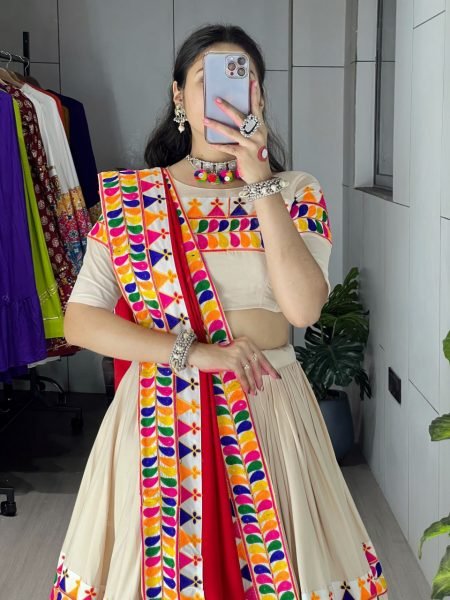 Elegant Cream Pure Rayon Cotton Gamthi Work Lehenga Choli with Dupatta for Navratri Navratri Lehnega Choli
