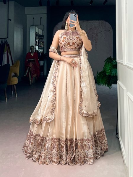 Elegant Cream Spider Crush Sequins Thread Embroidered Lehenga Choli for Grand Weddings Designer Lehenga Choli