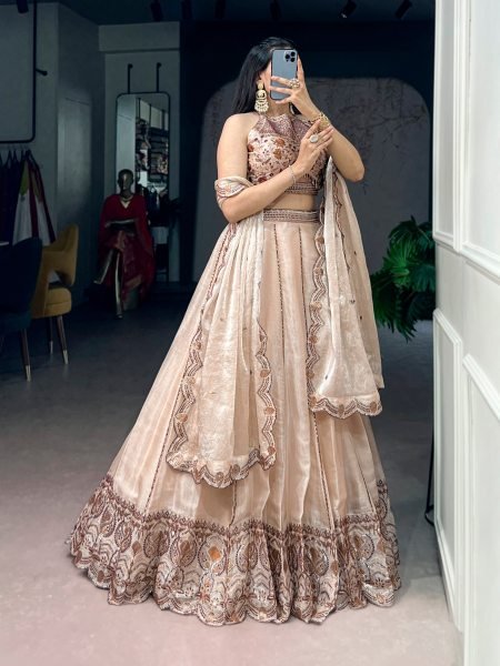 Elegant Cream Spider Crush Sequins Thread Embroidered Lehenga Choli for Grand Weddings Designer Lehenga Choli