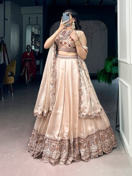 Elegant Cream Spider Crush Sequins Thread Embroidered Lehenga Choli for Grand Weddings Designer Lehenga Choli