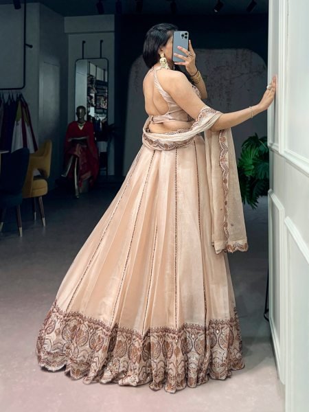 Elegant Cream Spider Crush Sequins Thread Embroidered Lehenga Choli for Grand Weddings Designer Lehenga Choli