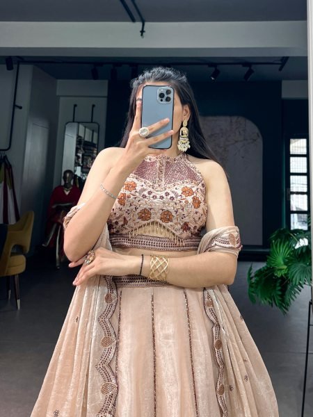 Elegant Cream Spider Crush Sequins Thread Embroidered Lehenga Choli for Grand Weddings Designer Lehenga Choli