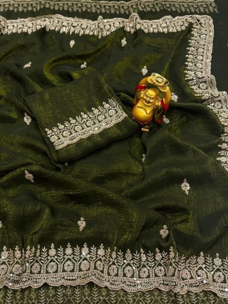 Elegant Dark Green Pure Crunchy Saree with Original Gold Beads Sequin Work at Wholesale Rate Sarees 