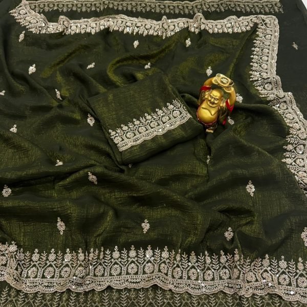 Elegant Dark Green Pure Crunchy Saree with Original Gold Beads Sequin Work at Wholesale Rate Designer Wedding Sarees Wholesale