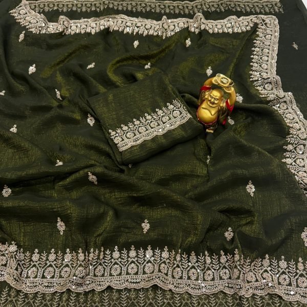 Elegant Dark Green Pure Crunchy Saree with Original Gold Beads Sequin Work at Wholesale Rate Designer Wedding Sarees Wholesale