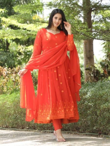 Elegant Design Orange Color Georgette Fabric With Zari Work Anarkali With Dupatta  