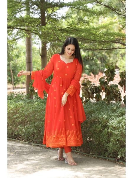 Elegant Design Orange Color Georgette Fabric With Zari Work Anarkali With Dupatta  Ready To Wear Collection