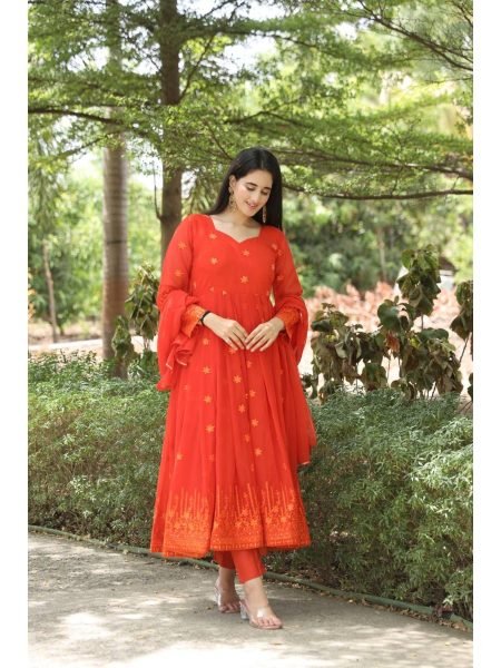 Elegant Design Orange Color Georgette Fabric With Zari Work Anarkali With Dupatta  Ready To Wear Collection