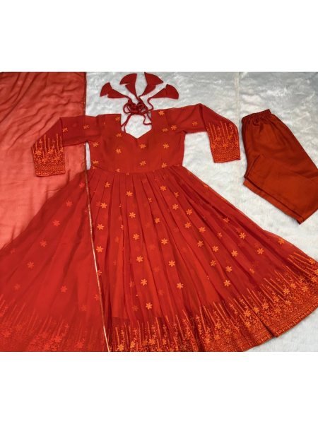 Elegant Design Orange Color Georgette Fabric With Zari Work Anarkali With Dupatta  Ready To Wear Collection