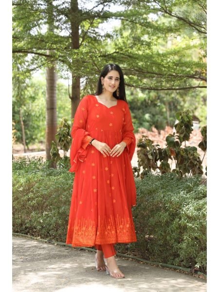 Elegant Design Orange Color Georgette Fabric With Zari Work Anarkali With Dupatta  Ready To Wear Collection