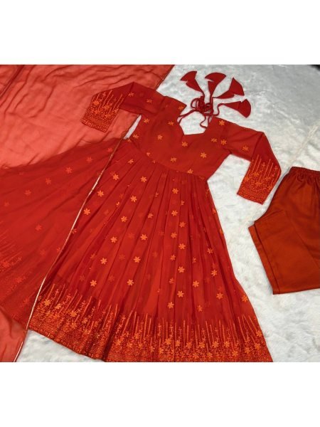 Elegant Design Orange Color Georgette Fabric With Zari Work Anarkali With Dupatta  Ready To Wear Collection