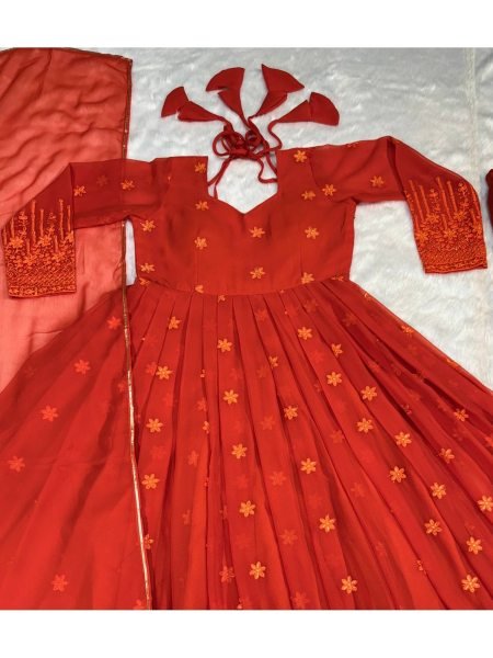 Elegant Design Orange Color Georgette Fabric With Zari Work Anarkali With Dupatta  Ready To Wear Collection