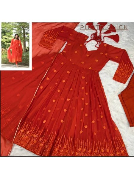 Elegant Design Orange Color Georgette Fabric With Zari Work Anarkali With Dupatta  Ready To Wear Collection