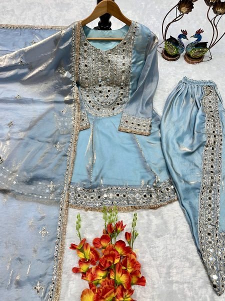 Elegant Designer Frandy Silk Top with Dhoti Set & Mirror Work Dupatta Ready To Wear Suit