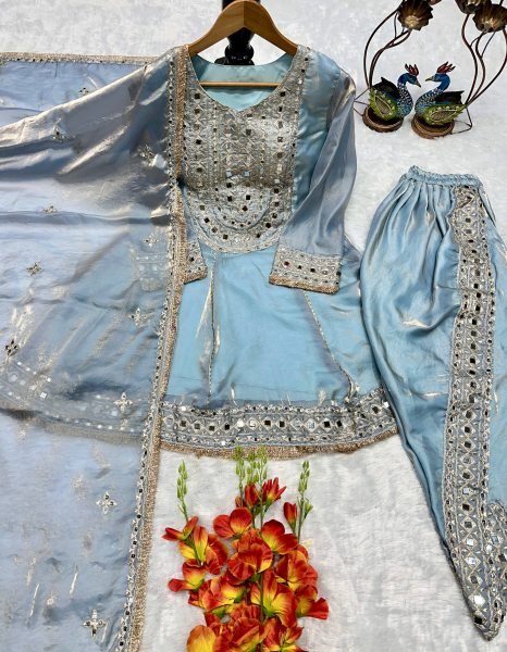 Elegant Designer Frandy Silk Top with Dhoti Set & Mirror Work Dupatta Ready To Wear Collection