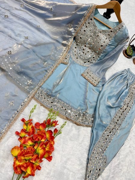 Elegant Designer Frandy Silk Top with Dhoti Set & Mirror Work Dupatta Ready To Wear Collection