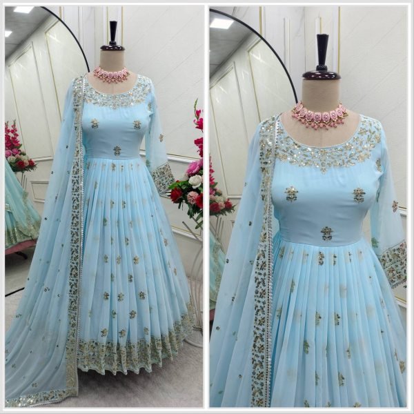 Elegant Embroidered Fox Georgette Gown Set Ready to Wear for Weddings   Festive Glam Ready To Wear Collection