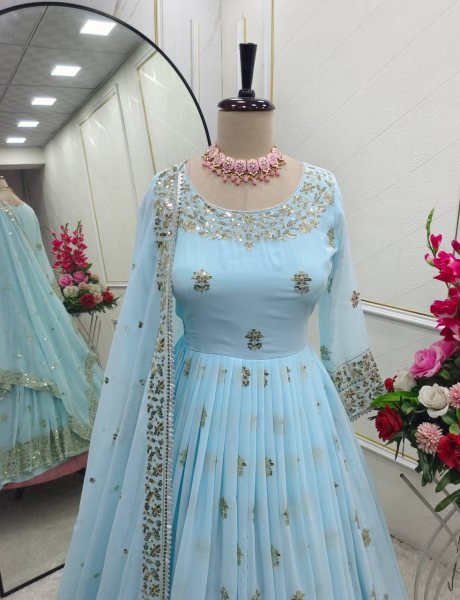 Elegant Embroidered Fox Georgette Gown Set Ready to Wear for Weddings   Festive Glam Ready To Wear Collection
