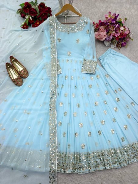 Elegant Embroidered Fox Georgette Gown Set Ready to Wear for Weddings   Festive Glam Ready To Wear Collection
