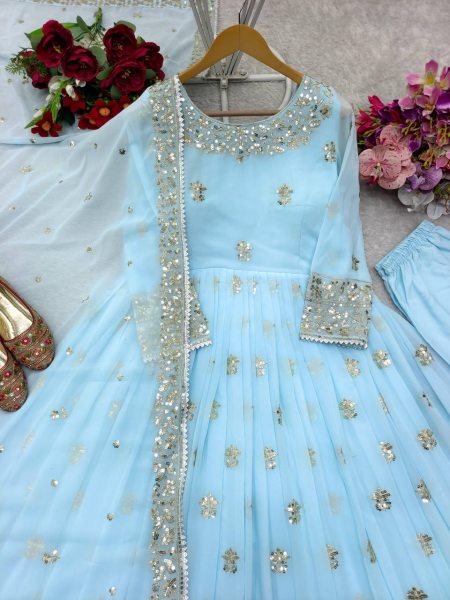 Elegant Embroidered Fox Georgette Gown Set Ready to Wear for Weddings   Festive Glam Ready To Wear Collection