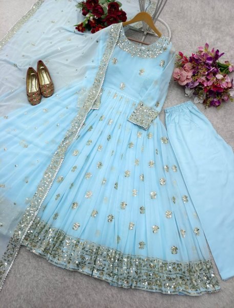 Elegant Embroidered Fox Georgette Gown Set Ready to Wear for Weddings   Festive Glam Ready To Wear Collection