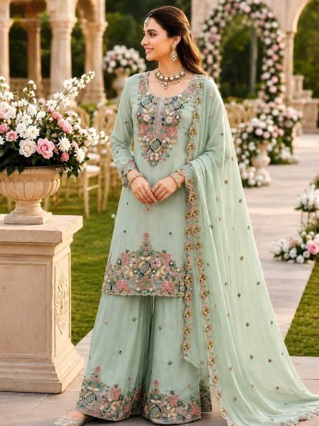 Elegant Embroidered Sharara Suit with Chanderi Dupatta Ready To Wear Suit