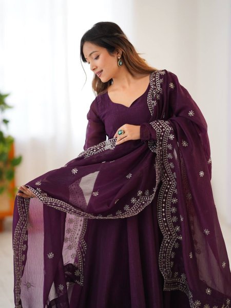 Elegant Purple Fandy Silk Anarkali with Embroidered Dupatta and Pants at Best Price for Suppliers Anarkali Kurtis 
