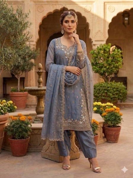 Elegant Farshi Palazzo Set with Embroidered Top and Dupatta Ready To Wear Collection