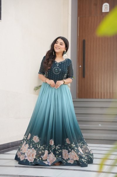 Elegant Faux Blooming Gown with Beads   Floral Print     Ready to Wear Premium Gown Collection Anarkali Kurtis 