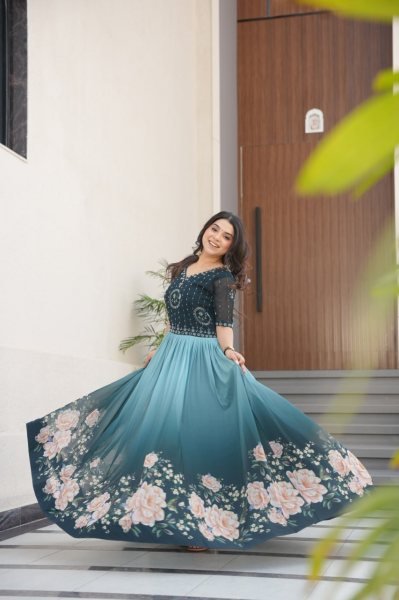 Elegant Faux Blooming Gown with Beads   Floral Print     Ready to Wear Premium Gown Collection Anarkali Kurtis 